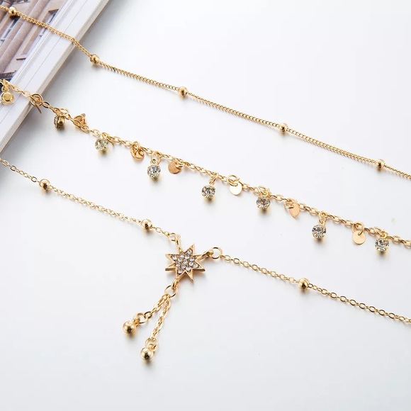 Bohemian 3 Pcs Crystal Star and Gold Anklet Set - Picture 4 of 10